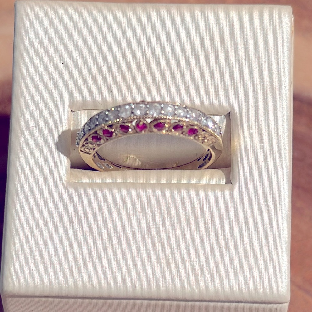 14 karat gold, modern wedding band diamonds and rubies